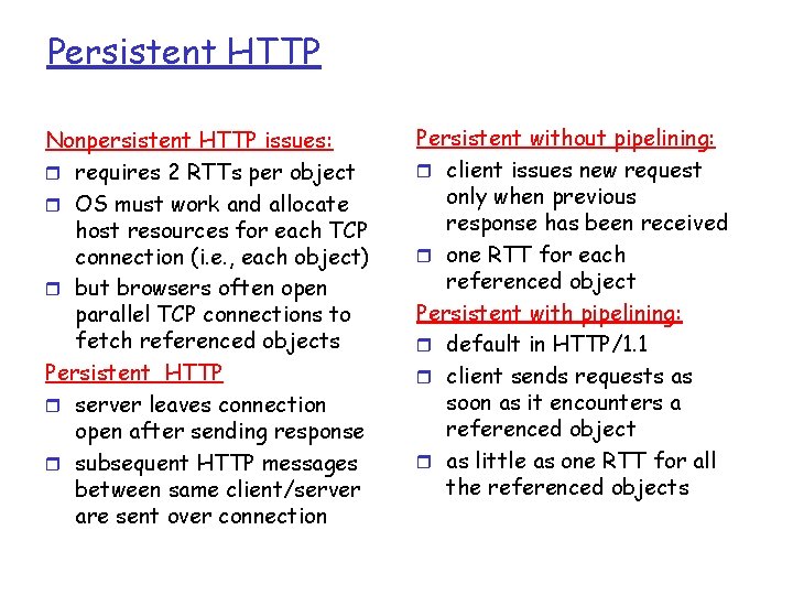 Persistent HTTP Nonpersistent HTTP issues: r requires 2 RTTs per object r OS must