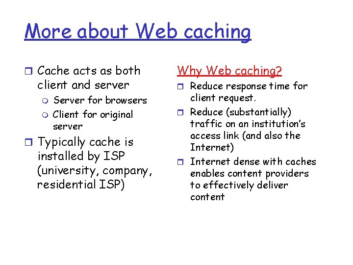 More about Web caching r Cache acts as both client and server m m