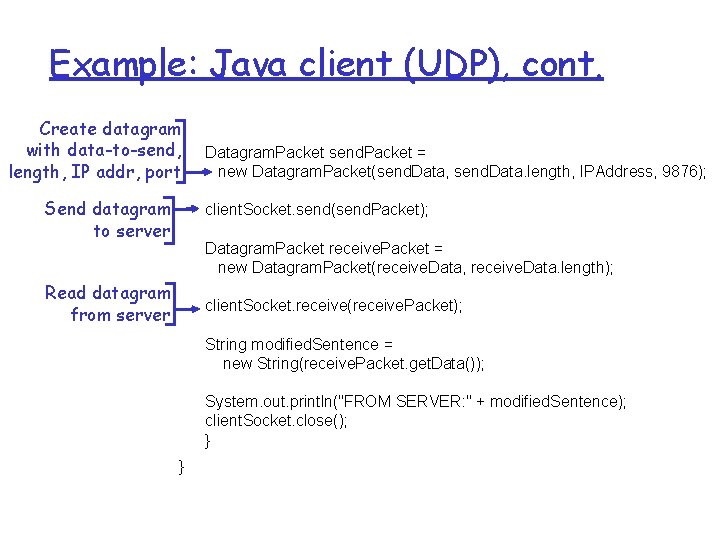 Example: Java client (UDP), cont. Create datagram with data-to-send, length, IP addr, port Send