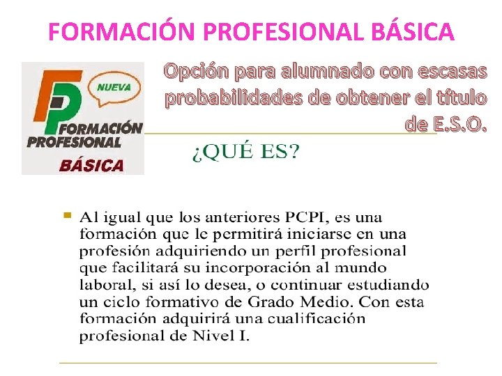 FORMACIÓN PROFESIONAL BÁSICA Opción para alumnado con escasas probabilidades de obtener el título de