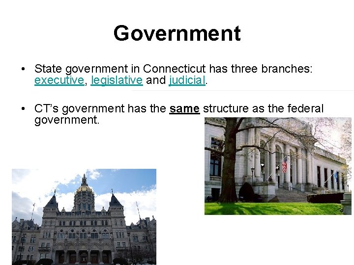 Government • State government in Connecticut has three branches: executive, legislative and judicial. •