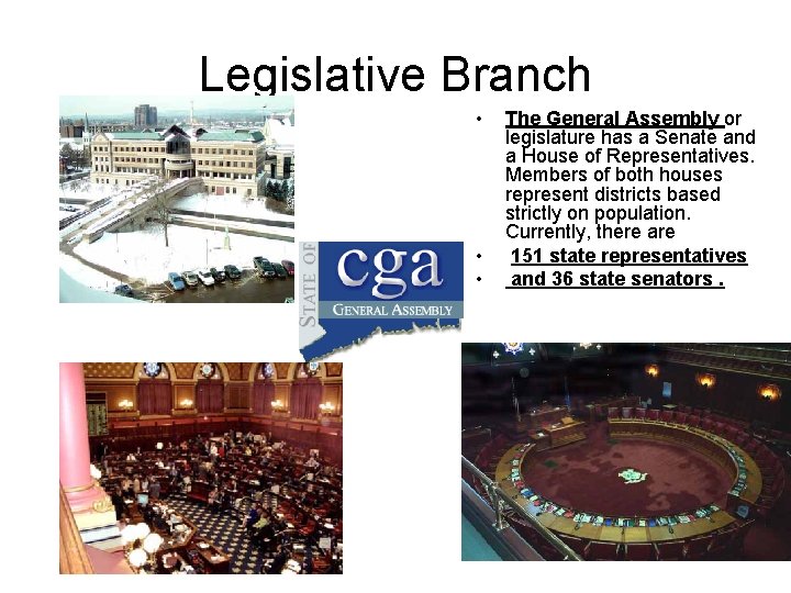 Legislative Branch • • • The General Assembly or legislature has a Senate and