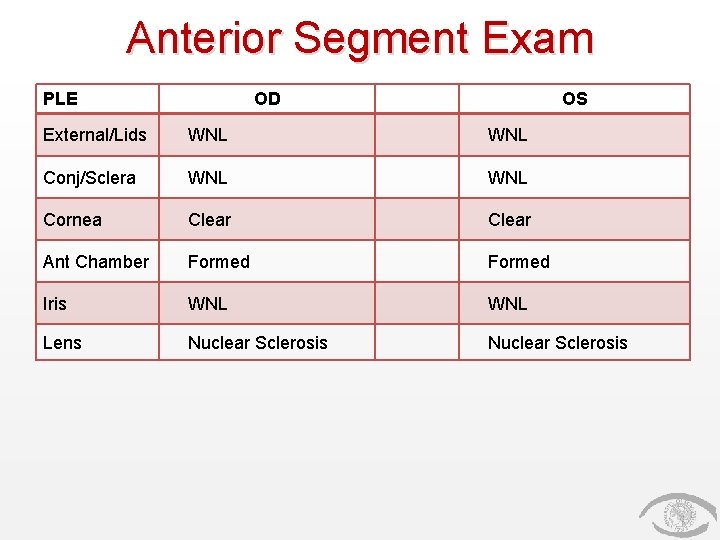 Anterior Segment Exam PLE OD OS External/Lids WNL Conj/Sclera WNL Cornea Clear Ant Chamber