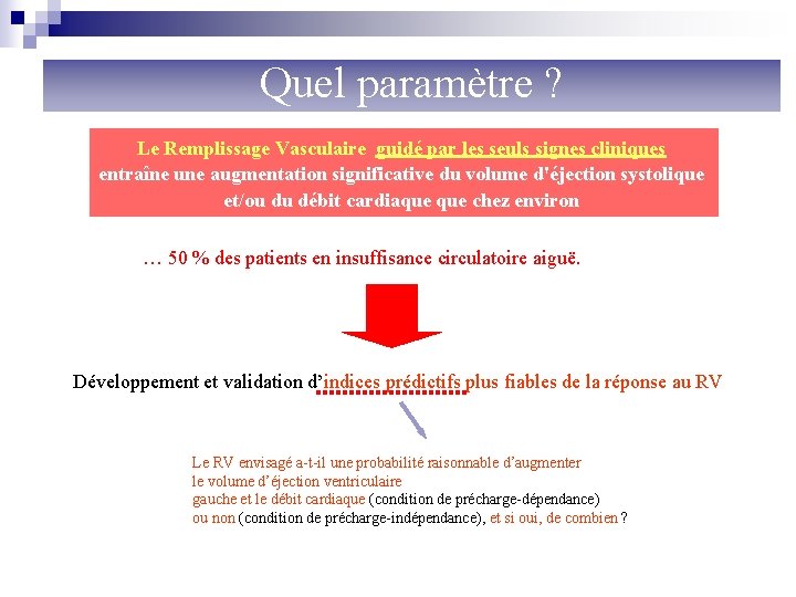 Quel paramètre ? Le Remplissage Vasculaire guidé par les seuls signes cliniques entraîne une