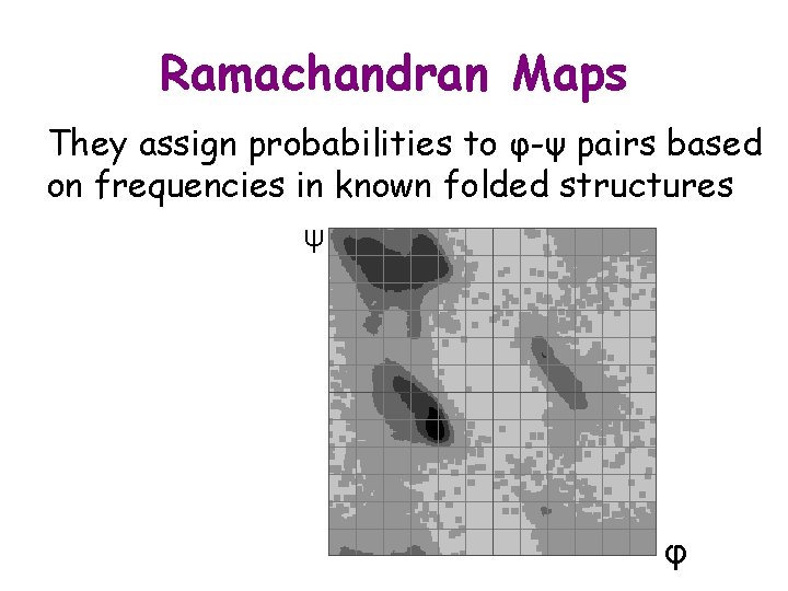 Ramachandran Maps They assign probabilities to φ-ψ pairs based on frequencies in known folded