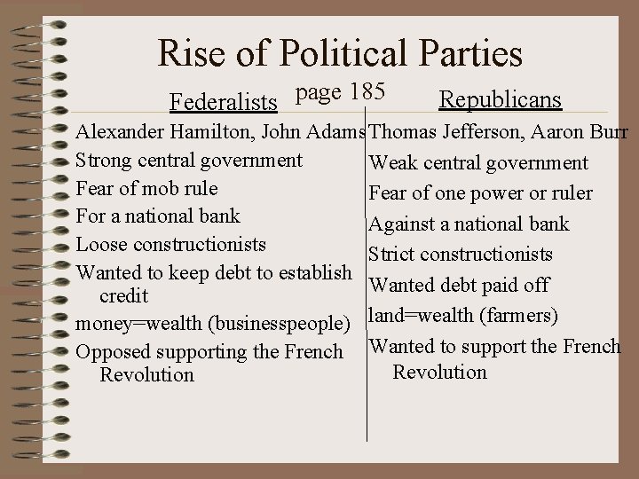 Rise of Political Parties Federalists page 185 Republicans Alexander Hamilton, John Adams Thomas Jefferson,