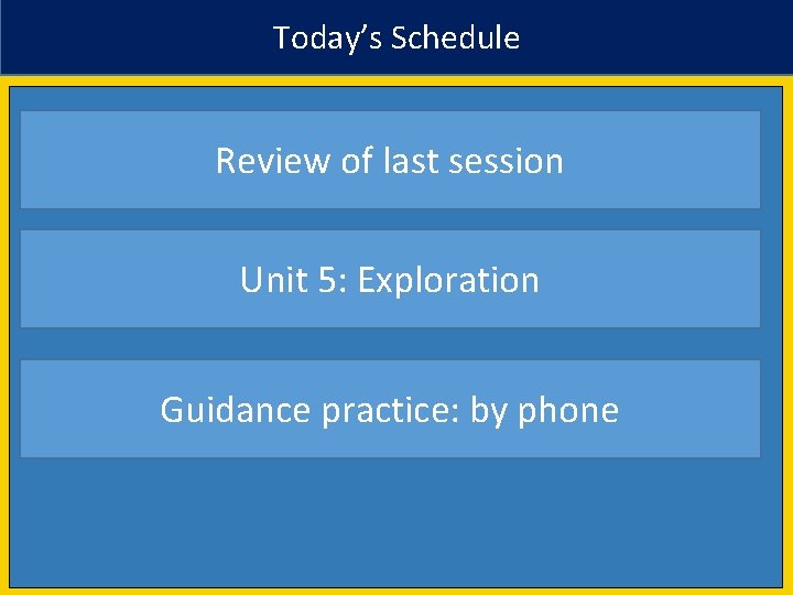 Today’s Schedule Review of last session Unit 5: Exploration Guidance practice: by phone 