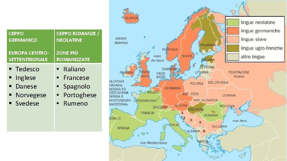 CEPPO GERMANICO CEPPO ROMANZE / NEOLATINE EUROPA CENTROSETTENTRIONALE ZONE PIÙ ROMANIZZATE § § §