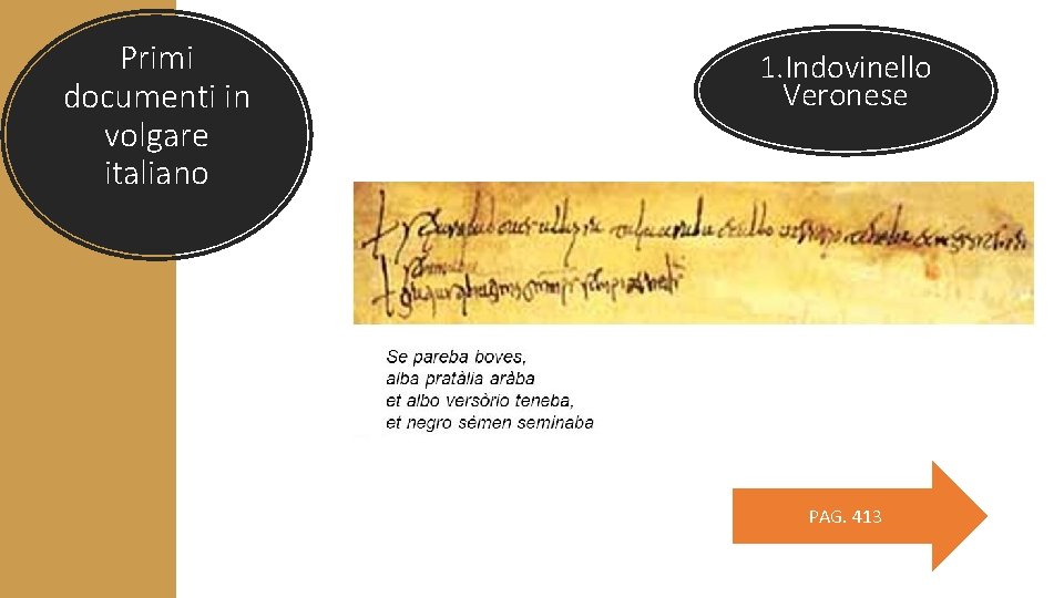 Primi documenti in volgare italiano 1. Indovinello Veronese PAG. 413 