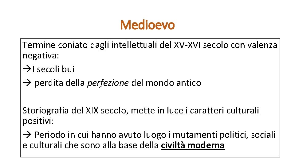 Medioevo Termine coniato dagli intellettuali del XV-XVI secolo con valenza negativa: I secoli bui