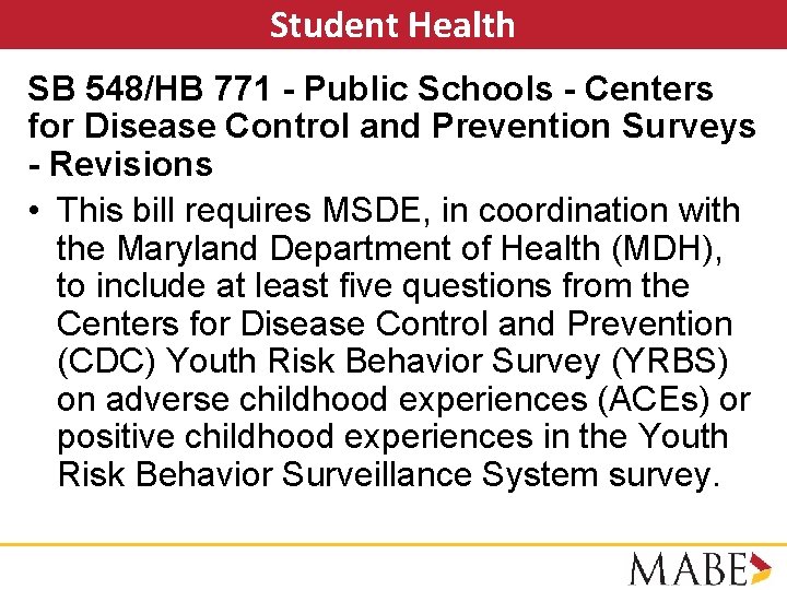 Student Health SB 548/HB 771 - Public Schools - Centers for Disease Control and