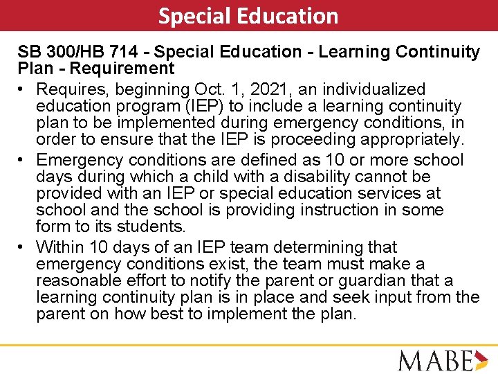 Special Education SB 300/HB 714 - Special Education - Learning Continuity Plan - Requirement