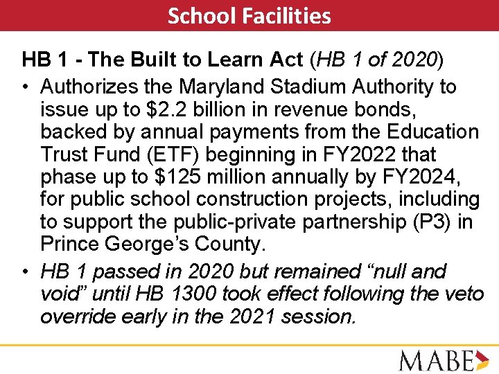 School Facilities HB 1 - The Built to Learn Act (HB 1 of 2020)