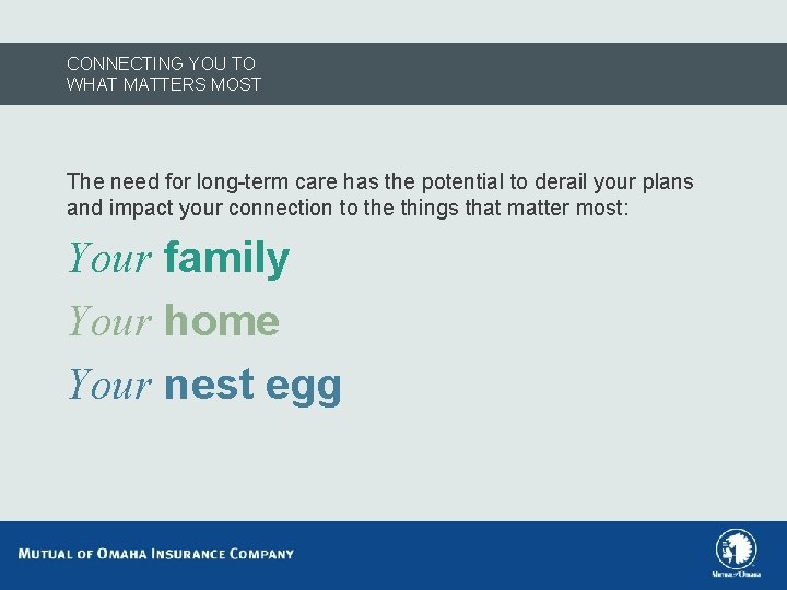 CONNECTING YOU TO WHAT MATTERS MOST The need for long-term care has the potential