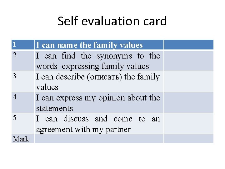 Self evaluation card 1 2 3 4 5 Mark I can name the family