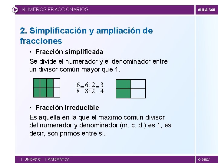 NÚMEROS FRACCIONARIOS AULA 360 2. Simplificación y ampliación de fracciones • Fracción simplificada Se