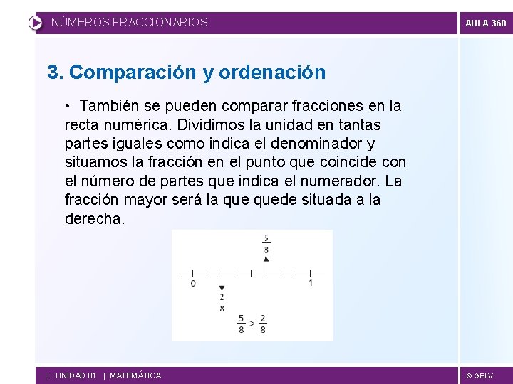 NÚMEROS FRACCIONARIOS AULA 360 3. Comparación y ordenación • También se pueden comparar fracciones