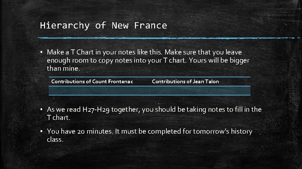 Hierarchy of New France ▪ Make a T Chart in your notes like this.