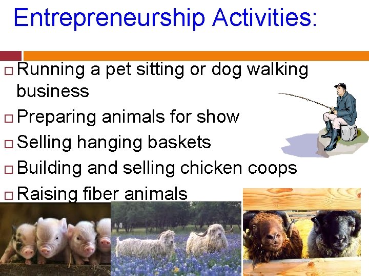 Entrepreneurship Activities: Running a pet sitting or dog walking business Preparing animals for show