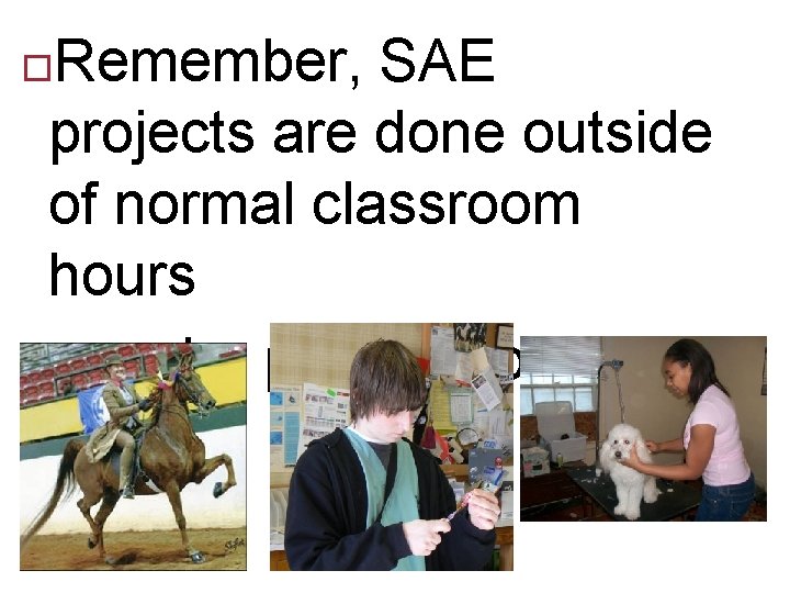 Remember, SAE projects are done outside of normal classroom hours may be paid or