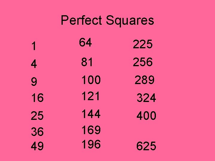 Perfect Squares 1 64 225 4 9 16 25 36 49 81 100 121