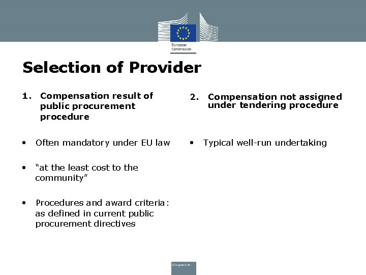 Selection of Provider 1. Compensation result of public procurement procedure 2. Compensation not assigned