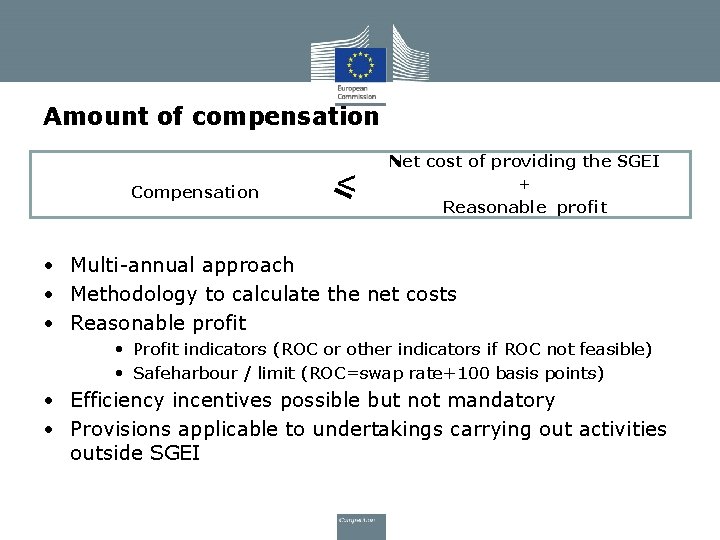 Amount of compensation Compensation < Net cost of providing the SGEI + Reasonable profit