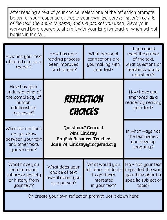 After reading a text of your choice, select one of the reflection prompts below