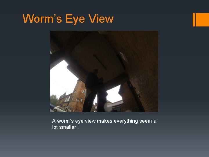 Worm’s Eye View A worm’s eye view makes everything seem a lot smaller. 