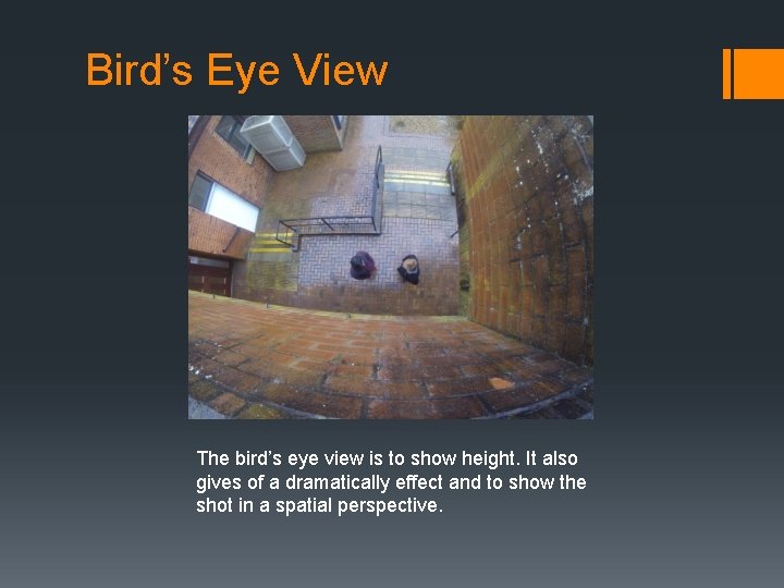 Bird’s Eye View The bird’s eye view is to show height. It also gives