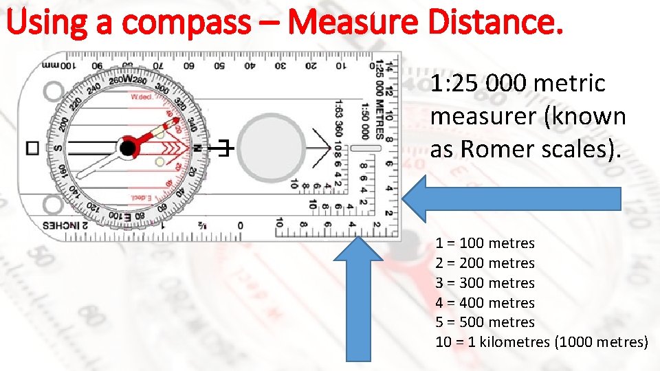 Using a compass – Measure Distance. 1: 25 000 metric measurer (known as Romer