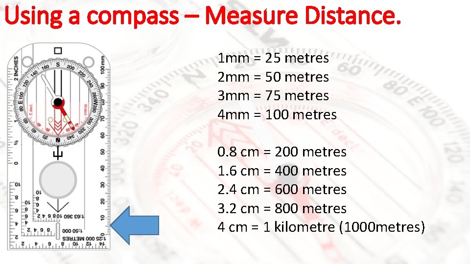 Using a compass – Measure Distance. 1 mm = 25 metres 2 mm =