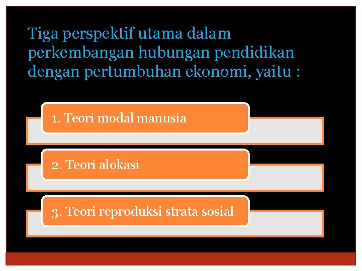 Tiga perspektif utama dalam perkembangan hubungan pendidikan dengan pertumbuhan ekonomi, yaitu : 1. Teori