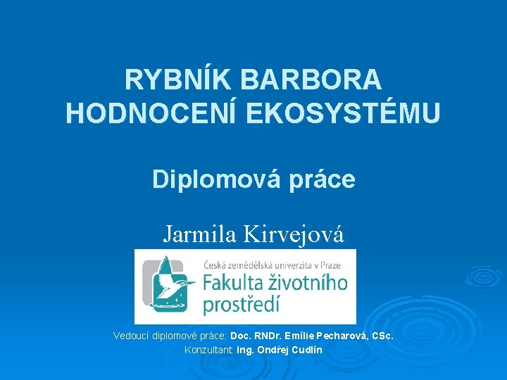 RYBNÍK BARBORA HODNOCENÍ EKOSYSTÉMU Diplomová práce Jarmila Kirvejová Vedoucí diplomové práce: Doc. RNDr. Emílie