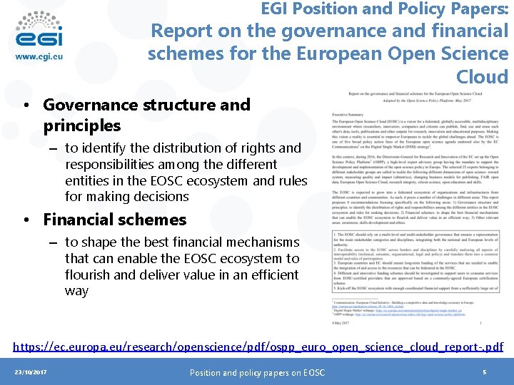 EGI Position and Policy Papers: Report on the governance and financial schemes for the