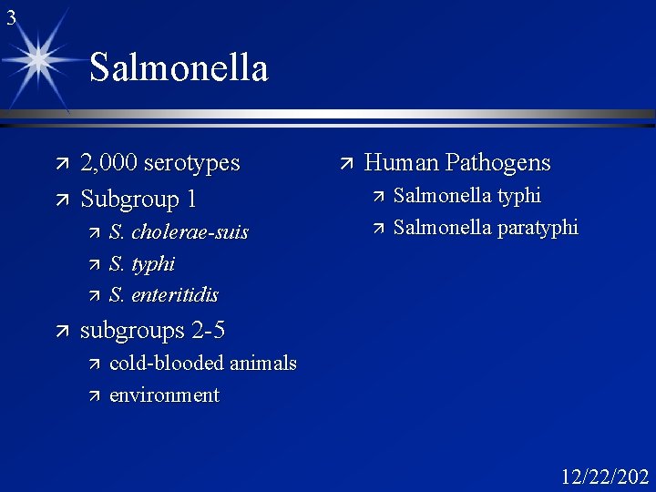 3 Salmonella ä ä 2, 000 serotypes Subgroup 1 ä ä S. cholerae-suis S.