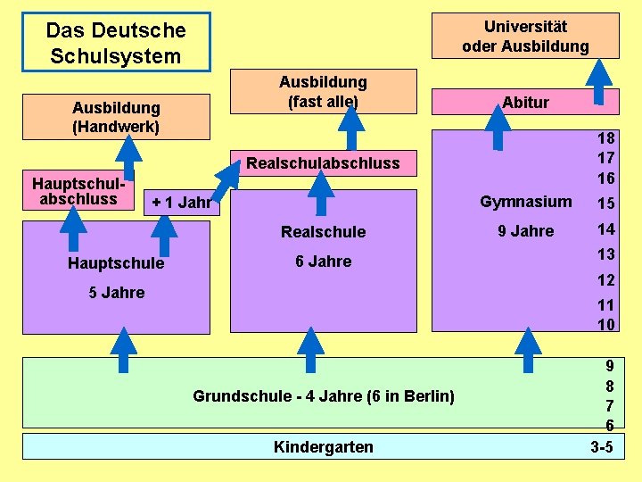 Universität oder Ausbildung Das Deutsche Schulsystem Ausbildung (fast alle) Ausbildung (Handwerk) Abitur 18 17