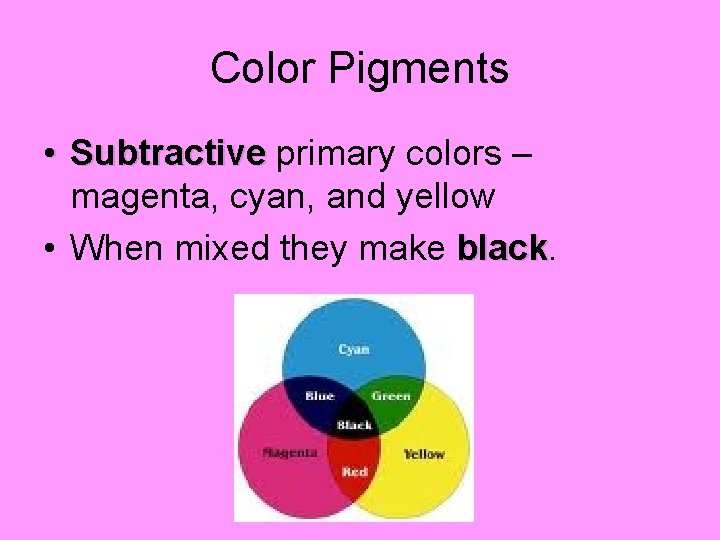 Color Pigments • Subtractive primary colors – magenta, cyan, and yellow • When mixed