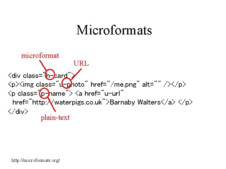Microformats microformat URL <div class="h-card"> <p><img class="u-photo" href="/me. png" alt="" /></p> <p class="p-name"> <a