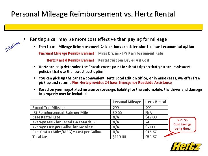 Personal Mileage Reimbursement vs. Hertz Rental lu So t ion § Renting a car