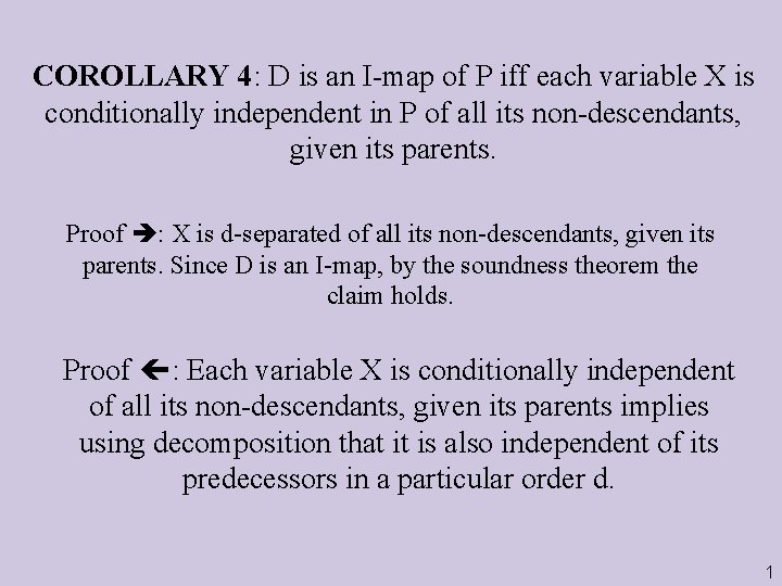 COROLLARY 4: D is an I-map of P iff each variable X is conditionally
