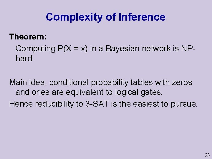 Complexity of Inference Theorem: Computing P(X = x) in a Bayesian network is NPhard.