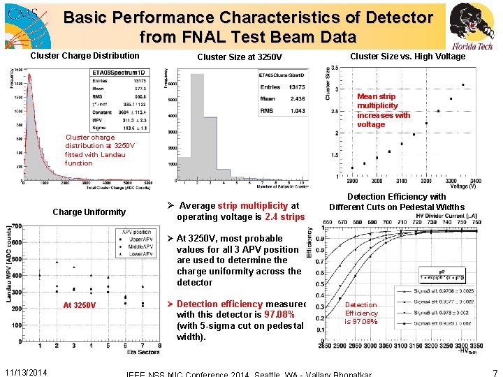 Basic Performance Characteristics of Detector from FNAL Test Beam Data Cluster Charge Distribution Cluster