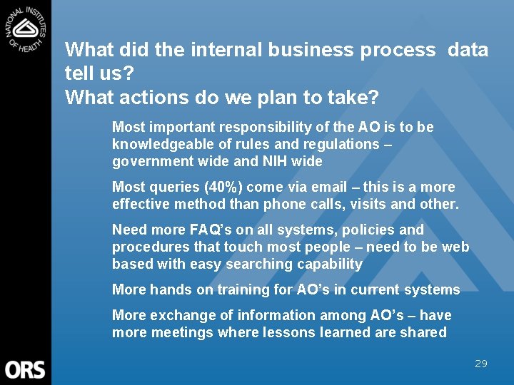 What did the internal business process data tell us? What actions do we plan