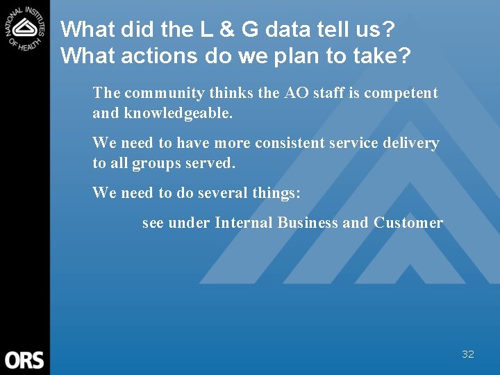 What did the L & G data tell us? What actions do we plan