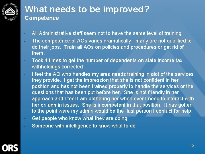 What needs to be improved? Competence • • • All Administrative staff seem not