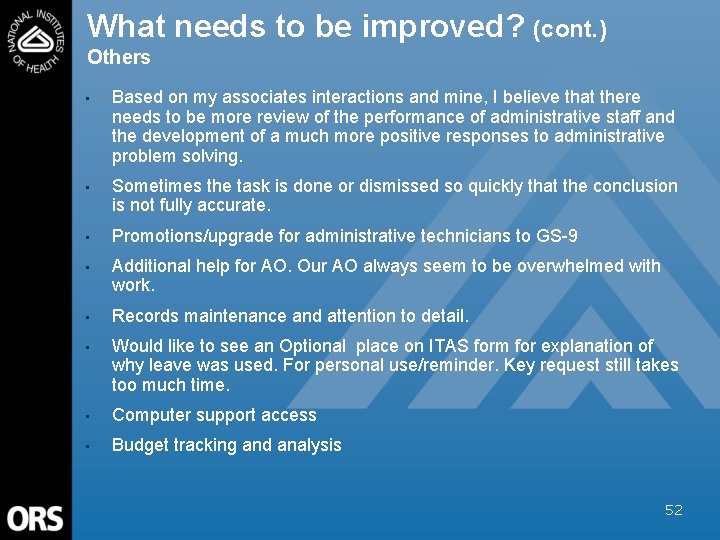 What needs to be improved? (cont. ) Others • Based on my associates interactions