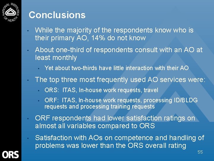 Conclusions • While the majority of the respondents know who is their primary AO,