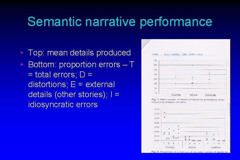 Semantic narrative performance • Top: mean details produced • Bottom: proportion errors – T