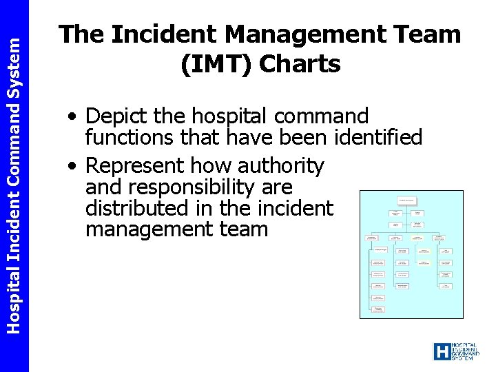Hospital Incident Command System The Incident Management Team (IMT) Charts • Depict the hospital